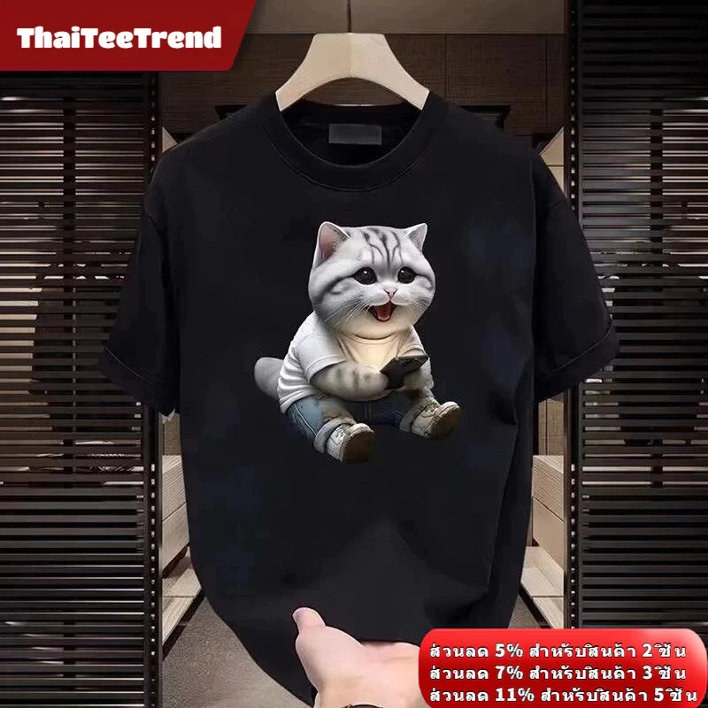 All-Match เสื้อยืดผ้าฝ้ายแท้ผู้ชาย Creative Cat พิมพ์ Street สไตล์หลวม Tailoring Breathable เป็นมิตรกับผิวสีดําซักผ้า Non-Fade