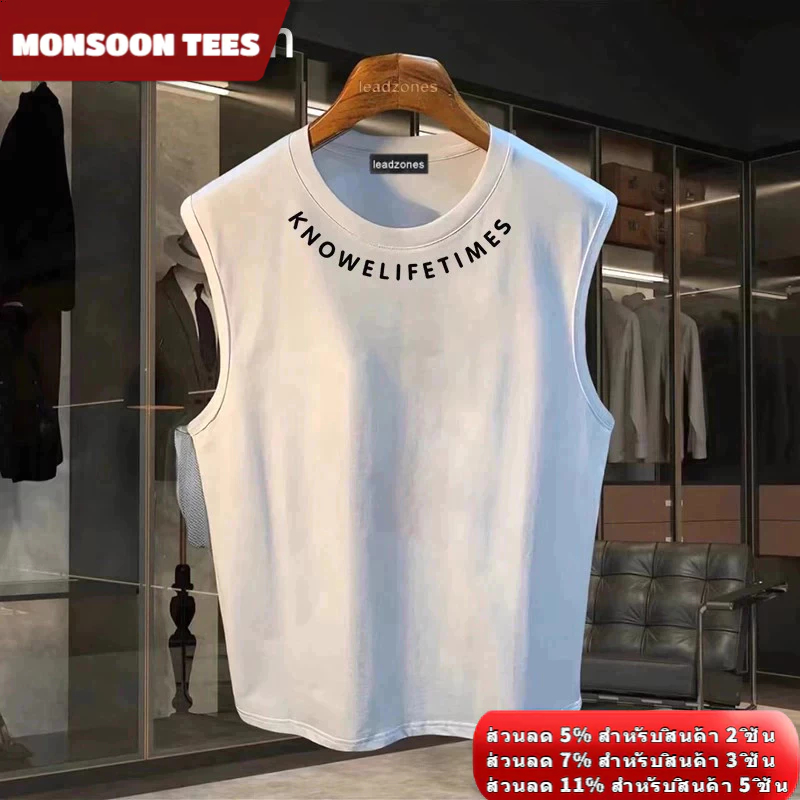 กีฬาเสื้อกั๊กผู้ชายฤดูร้อนหลวมด้านนอกสวมเสื้อยืดแขนกุดอเมริกันอินเทรนด์ชายลําลองไหล่กว้างแฟชั่น สูงสุด