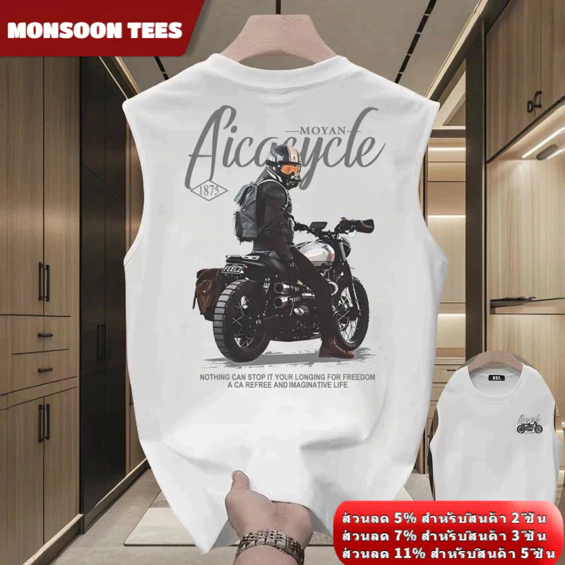 เสื้อกั๊กแขนกุดผู้ชาย ผ้าฝ้าย 100% ใส่สบาย ระบายอากาศดี สไตล์อเมริกัน สตรีท ลายพิมพ์ คอกลม สําหรับหน้าร้อน ใส่เล่นกีฬาหรือลําลองไซส์ใหญ่