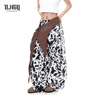 TLHGQ กางเกงขากว้างพิมพ์ลายวัวสีดำและขาว อินเทรนด์ พร้อมสายส…