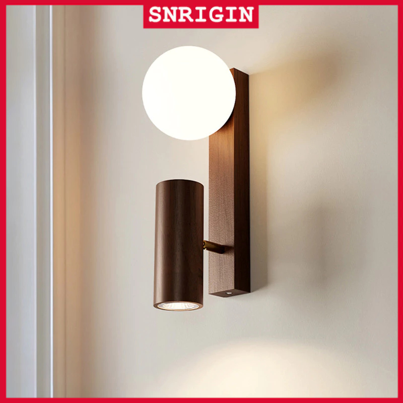 【จัดส่งในพื้นที่】SNRIGIN โคมไฟติดผนังไม้เนื้อแข็ง LED พร้อมแหล่งกําเนิดแสงคู่ (G9+E27)