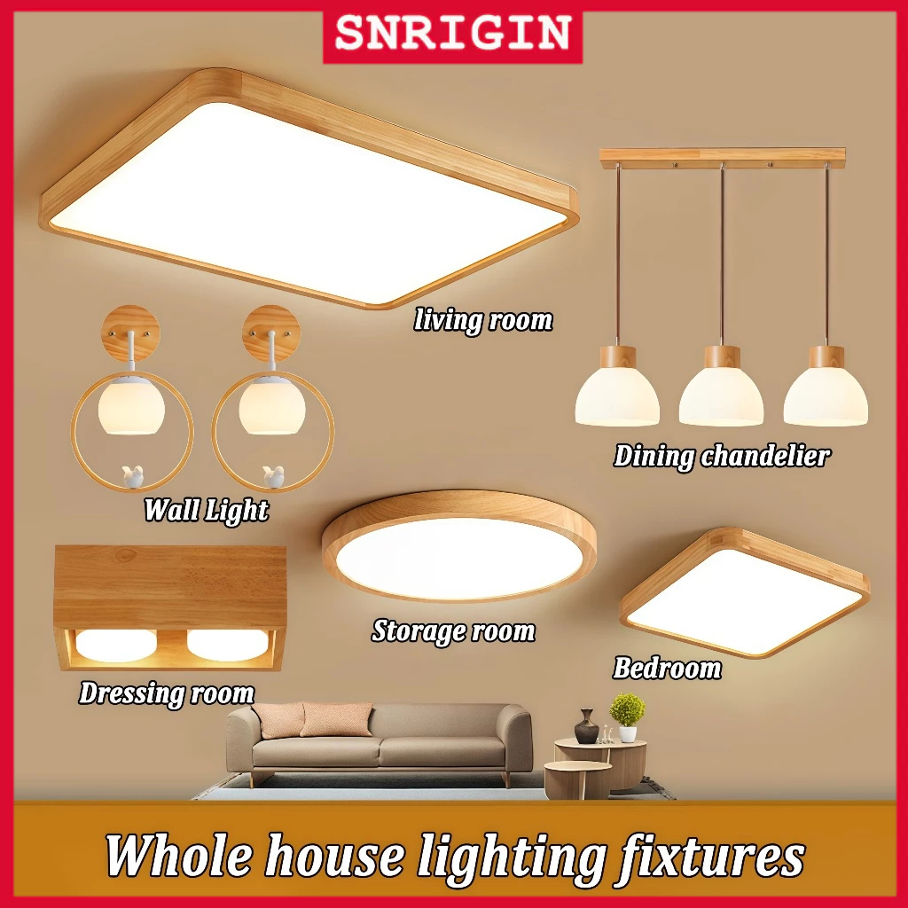 SNRIGIN โคมไฟเพดานไม้ LED ถนอมสายตา โคมไฟเพดานไม้ดิบ