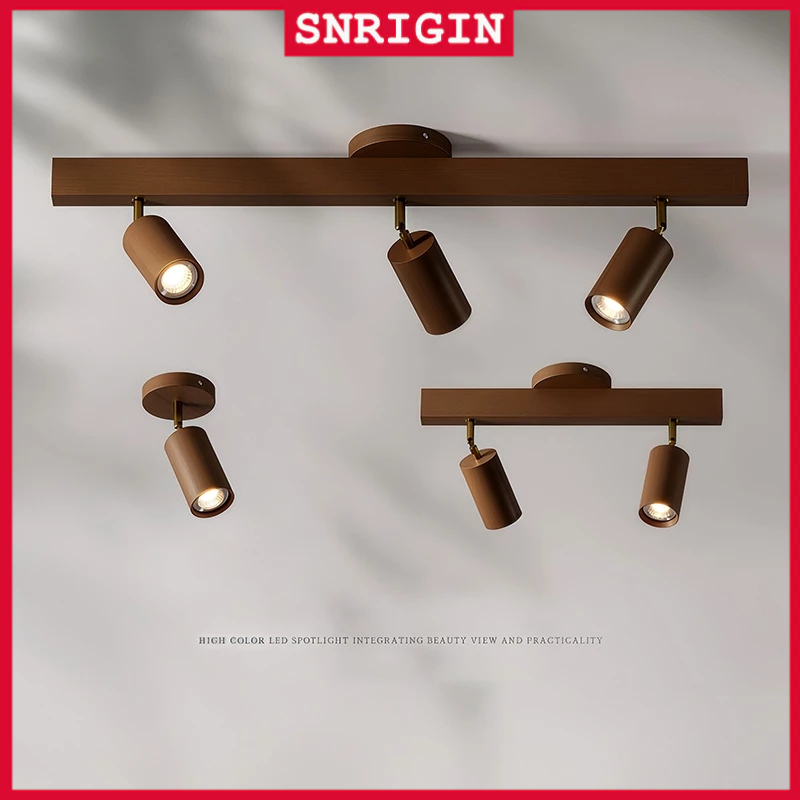 【จัดส่งในพื้นที่】SNRIGIN ไฟสปอตไลท์ LED สีไม้ วอลนัท【หลอดไฟ E27】โคมไฟเพดานแบบปรับระดับได้
