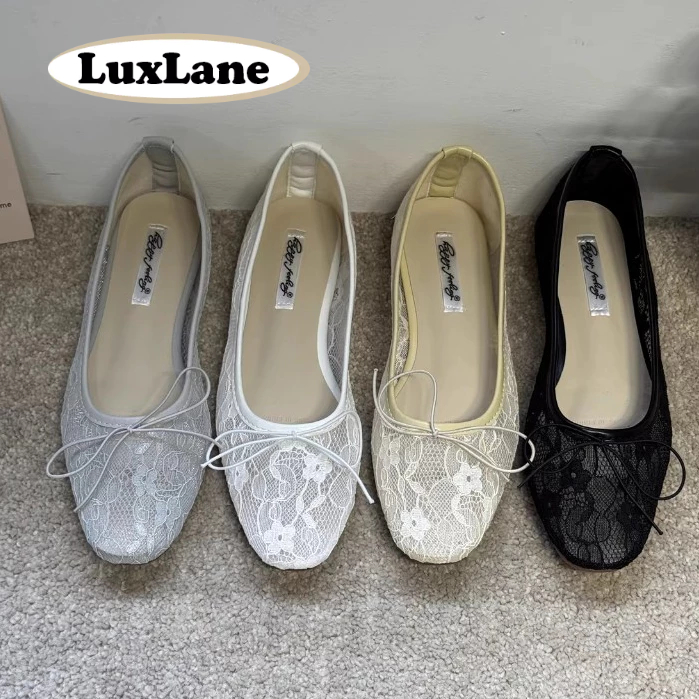 LuxLane French Doll Flats สำหรับผู้หญิงBow Knot แบบเรียบร้อยและหรูหรา มีการเย็บตาข่ายลูกไม้สวยงาม