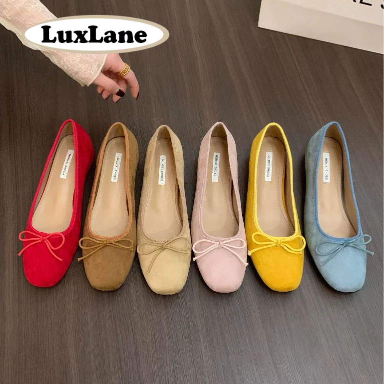 LuxLane Retro Suede Ballet Flats สําหรับผู้หญิงรอบ Toe Mary Jane ตุ๊กตารองเท้า Bowknot Soft Dress รองเท้า