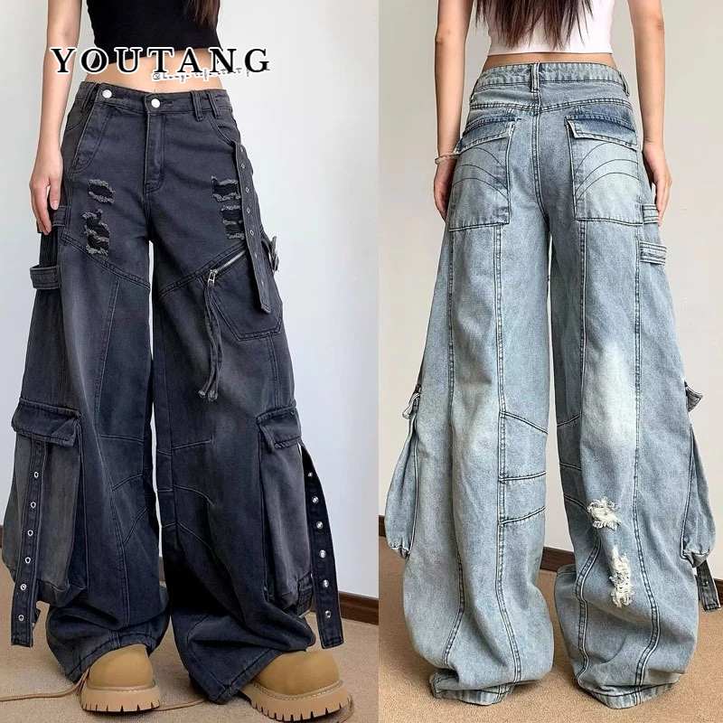 YOUTANG กางเกงยีนส์ Unisex ฤดูร้อนใหม่อเมริกันย้อนยุค destructed ฉีกกางเกงขาตรงหลายกระเป๋าอเนกประสงค์