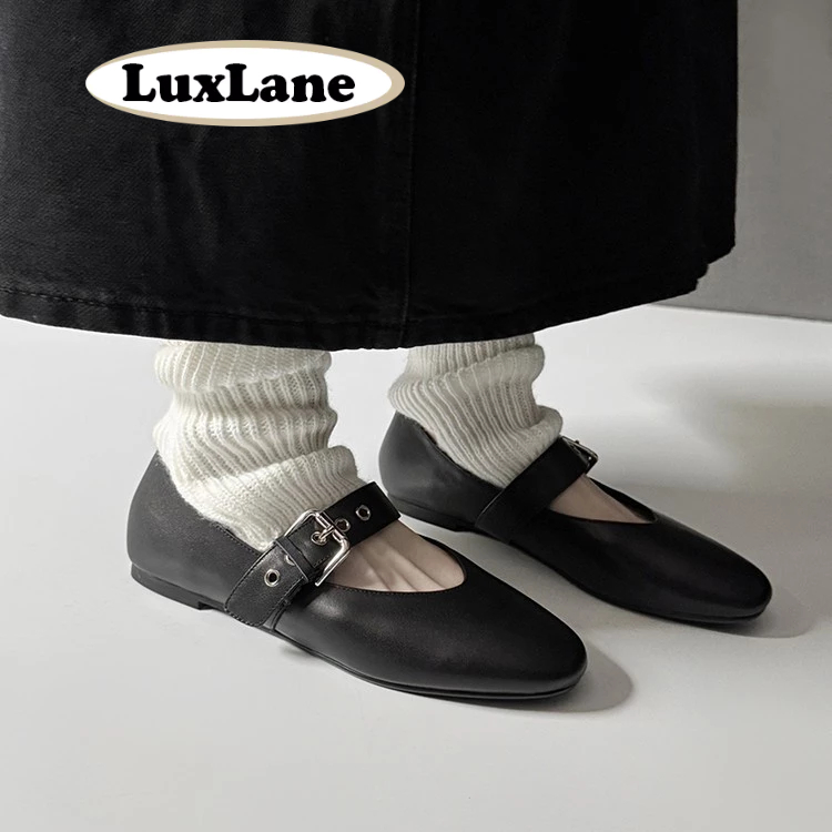 LuxLane รองเท้าแตะสไตล์ Mary Jane ออกแบบทรงกลม สำหรับผู้หญิง หนังคุณภาพสีดำ