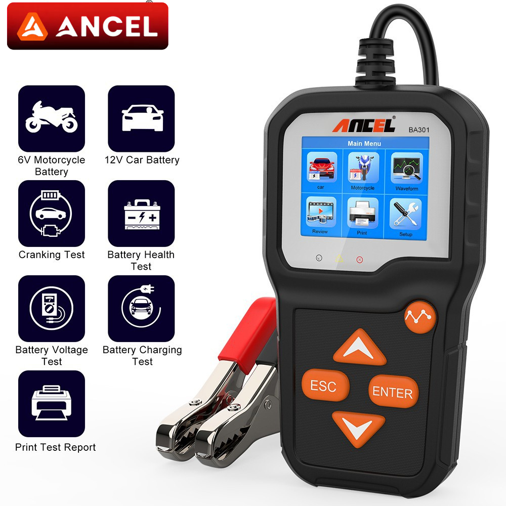 Ancel BA301 6V 12V เครื่องทดสอบแบตเตอรี่รถยนต์ เครื่องทดสอบไดชาร์จ สำหรับมอเตอร์ไซค์ รถยนต์ เรือ