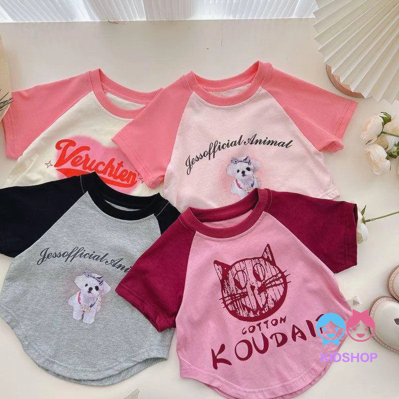 เสื้อยืดแขน Raglan พิมพ์ลายการ์ตูนน่ารัก สไตล์เกาหลี ตะวันตก เข้ากับทุกการแต่งกาย แฟชั่นฤดูร้อน สําหรับเด็กผู้หญิง