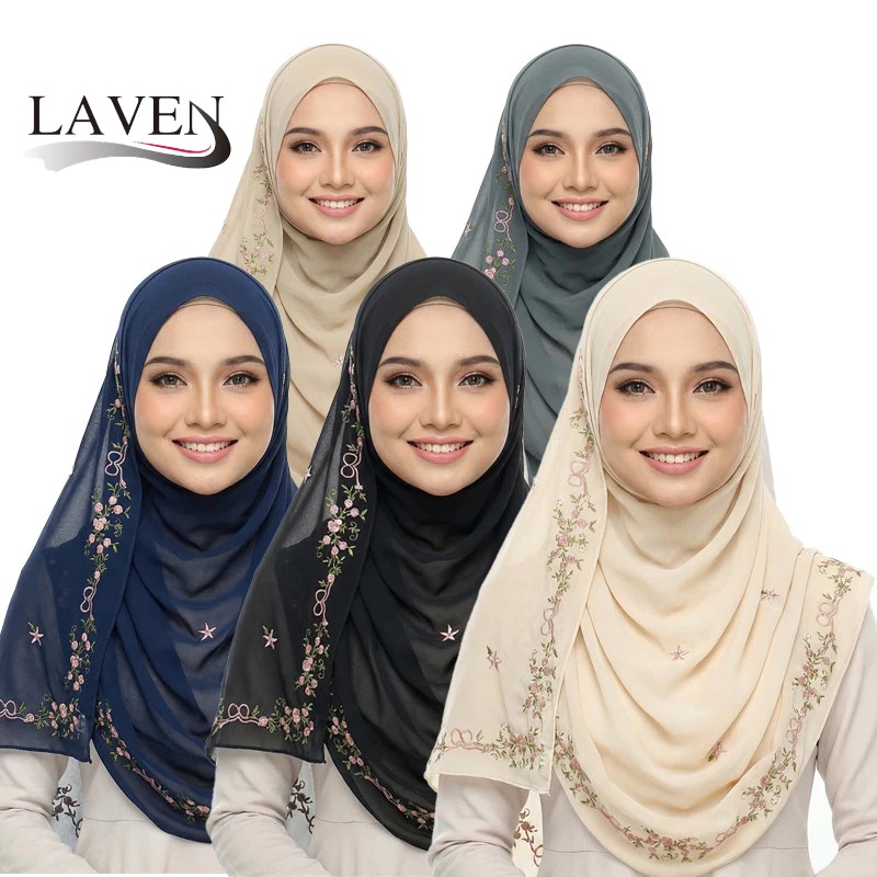 LAVEN ดอกไม้ปักผ้าคลุมไหล่ชีฟอง Selensang Sulam พรีเมี่ยมชีฟอง Hijab ผู้หญิงมุสลิม Headscarf ผ้าพันคอ