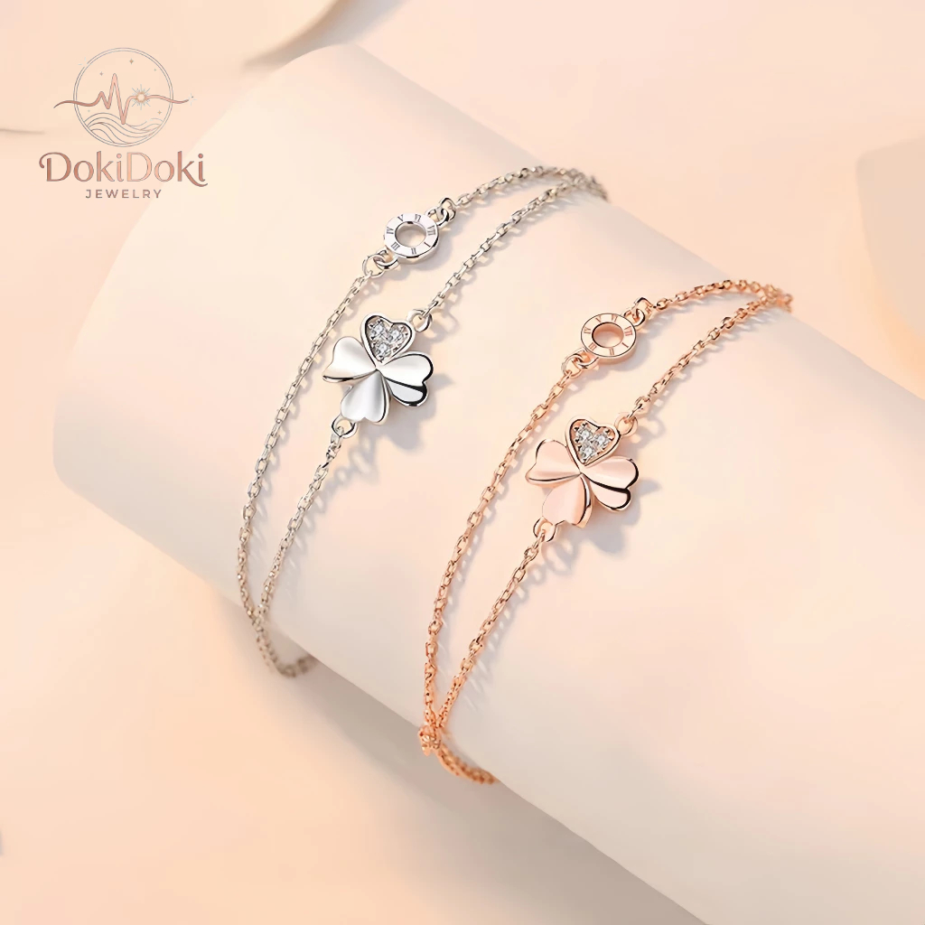 DokiDoki สร้อยข้อมือใบโคลเวอร์ 2 ชั้น เรียบหรูดูแพง เครื่องประดับแฟชั่น สร้อยข้อมือผู้หญิง ของขวัญมินิมอล