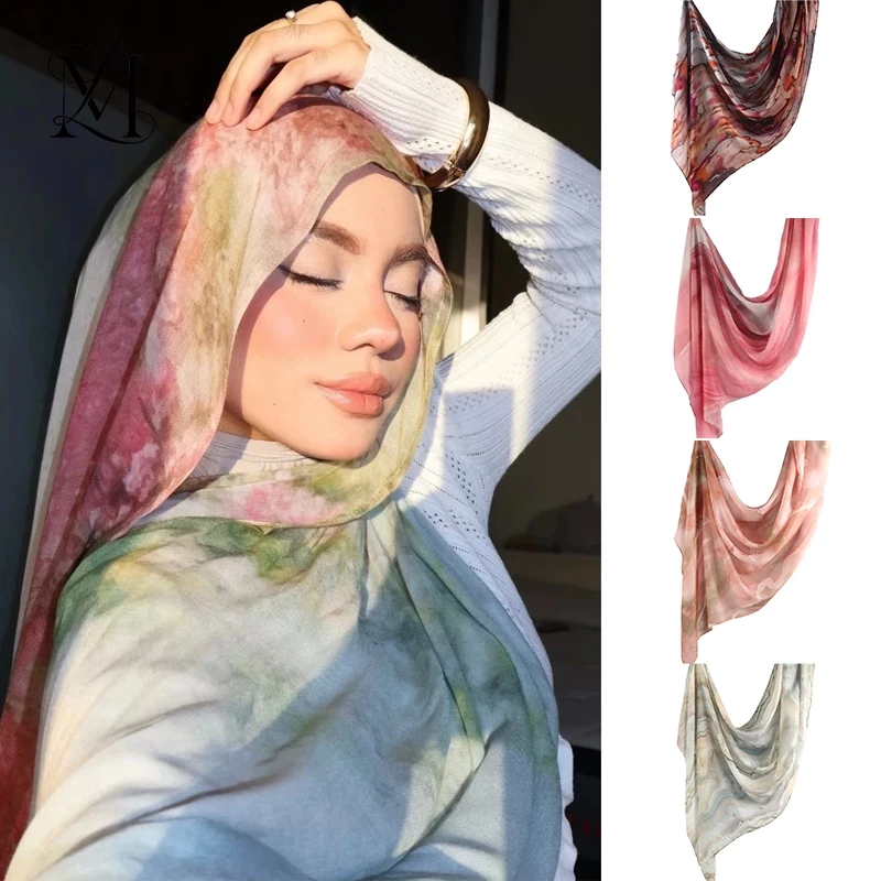 LOVOSME Tie-Dyed พิมพ์ผ้าพันคอ Hijab สีสันมุสลิม Headscarf ผ้าฝ้ายผ้าลินินผ้าคลุมไหล่ผู้หญิง Travel Tudung