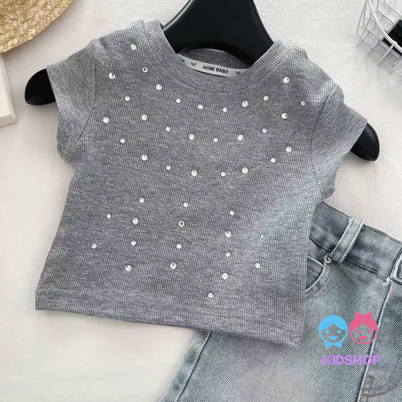 เสื้อยืดแขนสั้นเด็กผู้หญิง สไตล์แฟชั่นใหม่ / เสื้อเพชร สีเทา