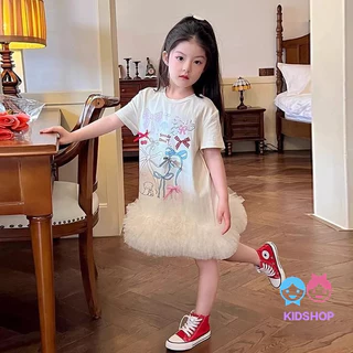 【ไทยสปอต】🇹🇭 จัดส่งทันที สาวเกาหลีที่มีสีสันเส้นด้ายเย็บชุด/ฤดูร้อนหวานกลางความยาวการ์ตูนเสื้อยืดชุด