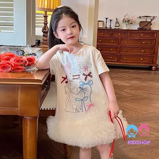【ไทยสปอต】🇹🇭 จัดส่งทันที สาวเกาหลีที่มีสีสันเส้นด้ายเย็บชุด/ฤดูร้อนหวานกลางความยาวการ์ตูนเสื้อยืดชุด