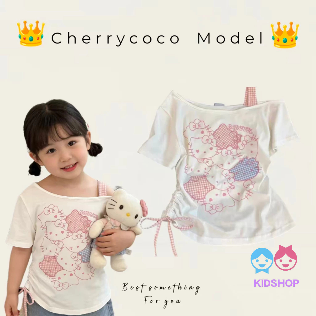 เสื้อยืดผ้าฝ้ายแท้สไตล์เกาหลี กะทัดรัดด้วยลายการ์ตูนไหล่เอียง