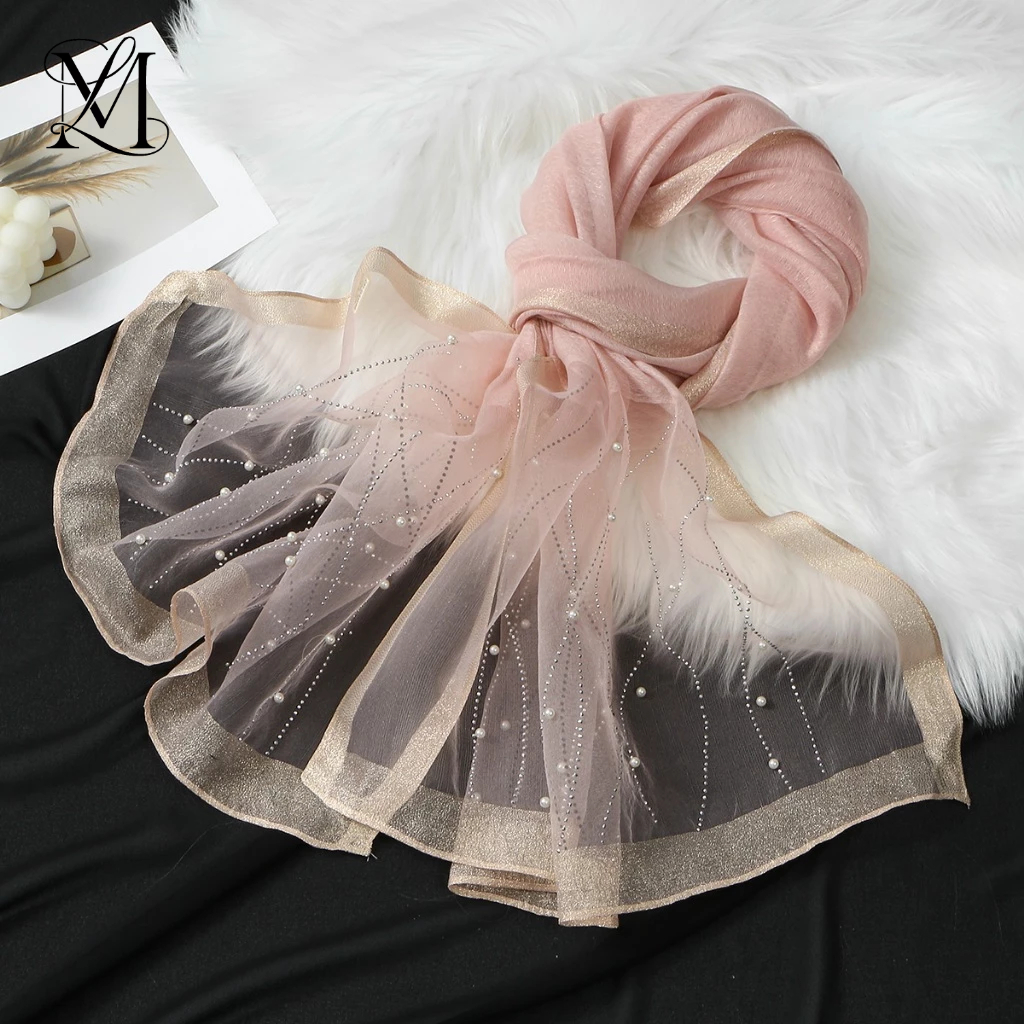 LOVOSME Diamand Beaded Shawl Hijab Pearl Silk Headscarf มุสลิมผ้าพันคองานแต่งงานผู้หญิงสีชมพู Tudung