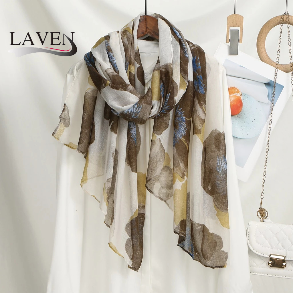 LAVEN พิมพ์ Voile ยาวผ้าคลุมไหล่ Hijab Tie-dye ลาย้เหนียว Headscarf น้ําหนักเบา Muslimah Tudung ผ้าพันคอ