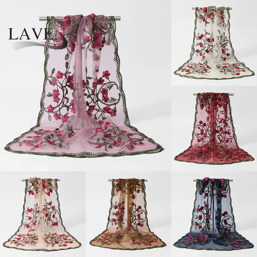LAVEN ดอกไม้เย็บปักถักร้อยผ้าพันคอฮิญาบ Sulam ผ้าคลุมไหล่ Organza Sedangdang ดอกไม้มุสลิม Headscarf ผู้หญิง Tudung
