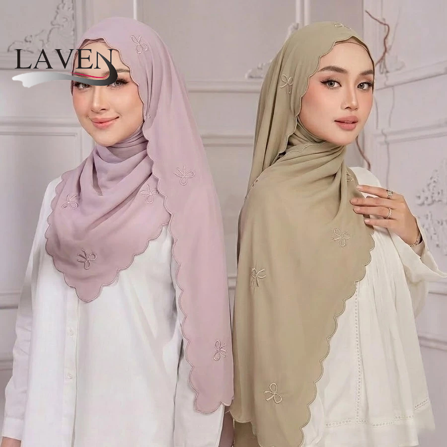 LAVEN Bowknot เย็บปักถักร้อย Hijab Sulam ผ้าคลุมไหล่ชีฟองมุสลิม Headscarf ผู้หญิง Tudung Sedangdang
