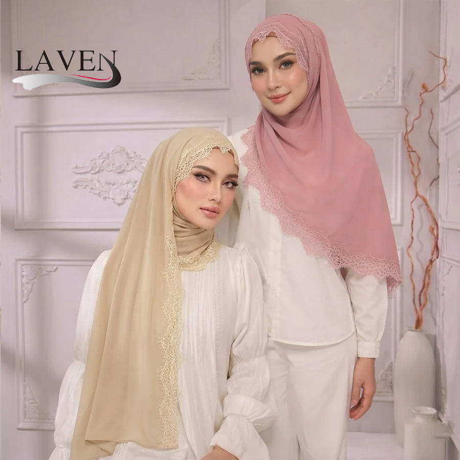 LAVEN พรีเมี่ยมลูกไม้ Sulam Hijab Lauh Ironless ชีฟองผ้าคลุมไหล่ Muslimah Headscarf Elegan Selensang Tudung ผู้หญิง
