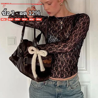 เสื้อยืดแขนยาวลูกไม้ ลายดอกไม้ vintage สไตล์ฝรั่งเศส เซ็กซี่และซีทรูสำหรับผู้หญิง