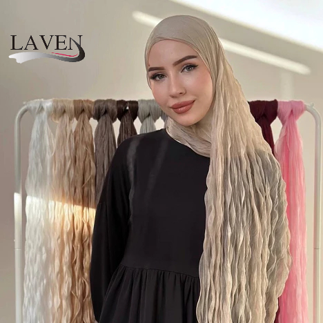 LAVEN Bright Shimmer Silk Wrinkle Hijab Scarf Plain Stain Pleated Long Shawl Headscarf ผู้หญิง Musild