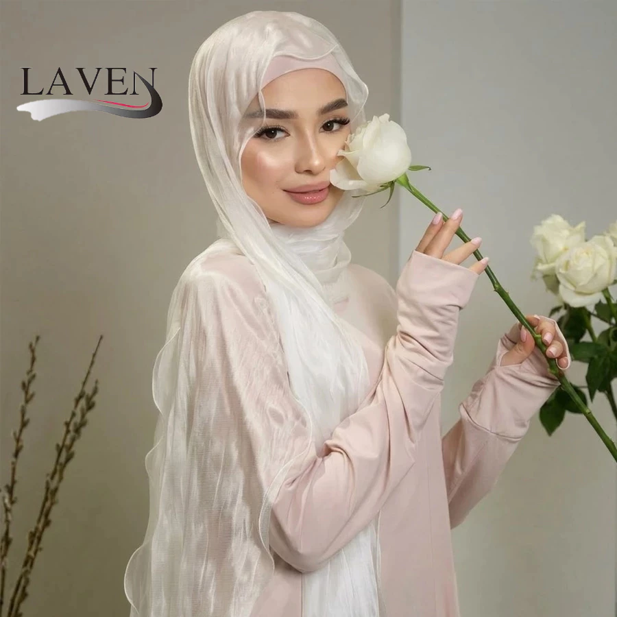 LAVEN ผ้าไหม Shimmer Ironless ริ้วรอย Hijab ผ้าคลุมไหล่ชีฟอง Headscarf ยาวผ้าคลุมไหล่มุสลิมผู้หญิงทุกวันผ้าพันคอ Tudung