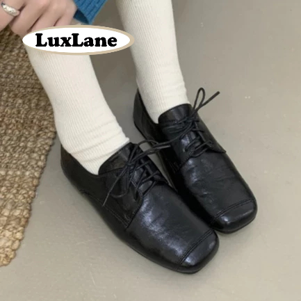 S.LuxLane รองเท้าแฟลตสแควร์ toe สไตล์เรโทรสีดำ สำหรับผู้หญิง พร้อมใช้งานทั้งโรงเรียน ออฟฟิศ และเดินทาง.daily commute (ไซ즈 35-41)