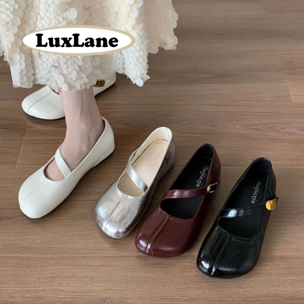 S.LuxLane รองเท้า Mary Jane ส퀘äreToe หนังสีดำ ความสูง 3 ซม. แพลตฟอร์ม (สีเงิน/แดง/ดำ ไซส์ 35-40)