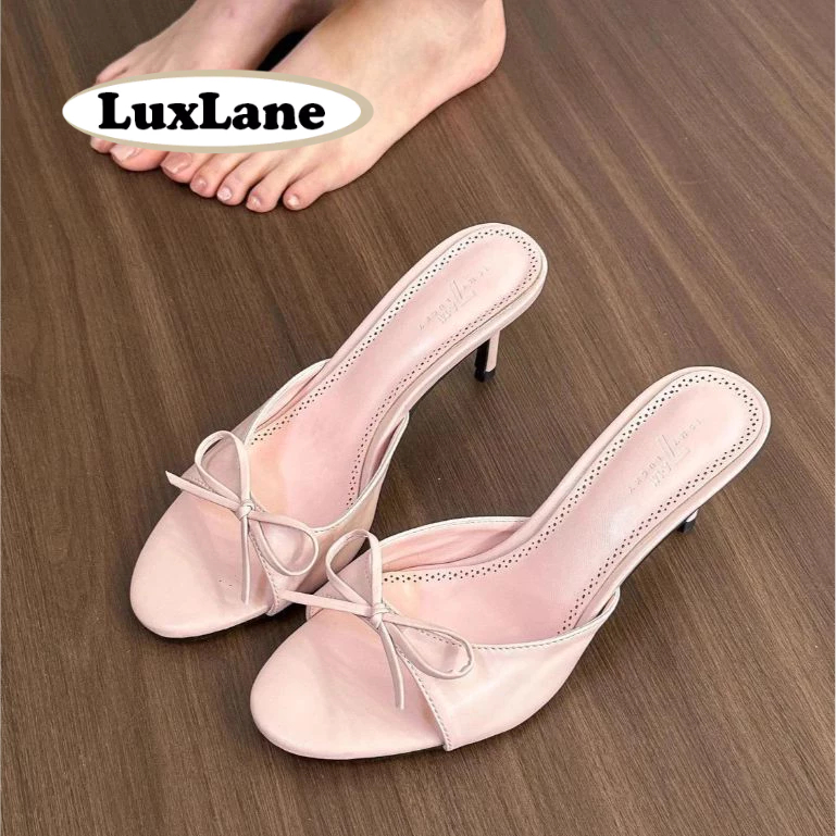 รองเท้าส้นสูงโบว์โนตสำหรับผู้หญิง สูง 6.5 ซม. สีชมพู/ดำ/เงิน ไซズ 35-40