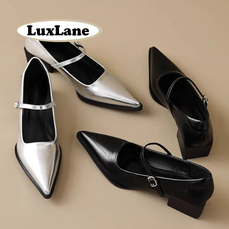 S.LuxLane รองเท้าหุ้มส้นเตี้ยพอยต์โต ส้นสูง 3 ซม. เหมาะสำหรับผู้หญิงทำงานและวันธรรมดามาตรฐานไซส์ 35-40 (สีเงิน/ดำ)