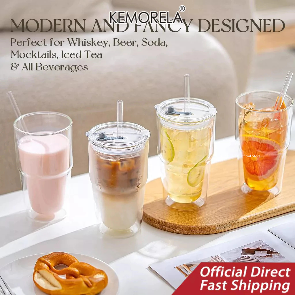 KEMORELA แก้วน้ําแก้ว Borosilicate Double Wall 2 แพ็คพร้อมฝาปิดและหลอด, ถ้วยกาแฟเย็นฉนวน 16 ออนซ์, สมูทตี้แบบใช้ซ้ําได้และน้ําดื่ม Boba, เครื่องล้างจานปลอดภัย (2 ชิ้น)