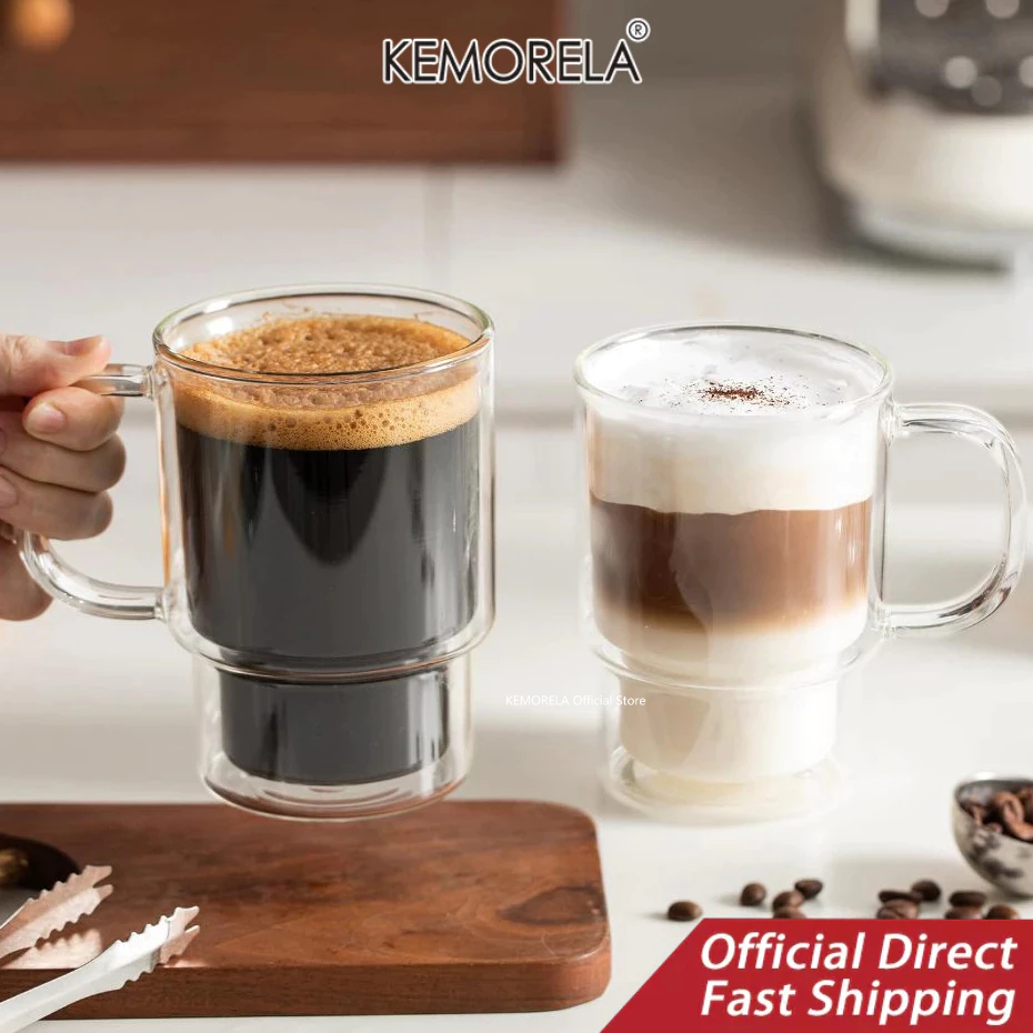 KEMORELA 1/2 ชิ้น 470 มล แก้วกาแฟแก้วผนังคู่, ถ้วยบอโรซิลิเกตฉนวนพร้อมที่จับ, แก้วแก้วใสทนความร้อนสําหรับเครื่องดื่มร้อน, คาปูชิโน่, เอสเพรสโซ่, ลาเต้, ชา