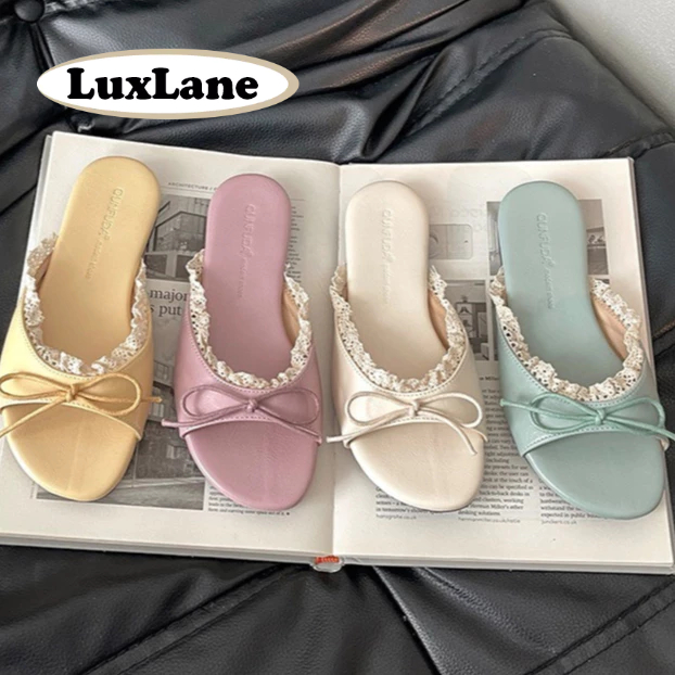 รองเท้าแตะสไลด์ผู้หญิง ลูกไม้ โบว์ ใส่สบาย ไปเที่ยวทะเล ช้อปปิ้ง S.LuxLane (Beige/Purple 35-40)