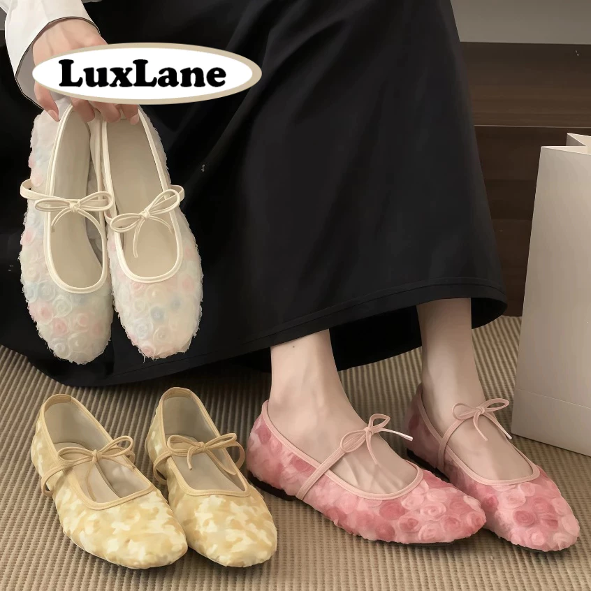 S.LuxLane นางฟ้าฝรั่งเศสตาข่าย Mary Jane Flats ฤดูร้อนรอบ Toe One-Strap Rose เย็บปักถักร้อยบัลเล่ต์แฟลตโบว์ (สีขาว/ชมพู, ขนาด 35-40)