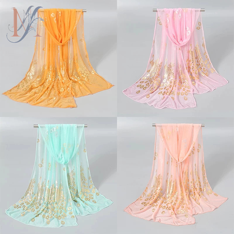 LMLAVEN สีทึบนกยูงพิมพ์ผ้าพันคอแฟชั่น Gilding Phoenix Feather Comfort ผ้าคลุมไหล่ผ้าพันคอ Travel Bea