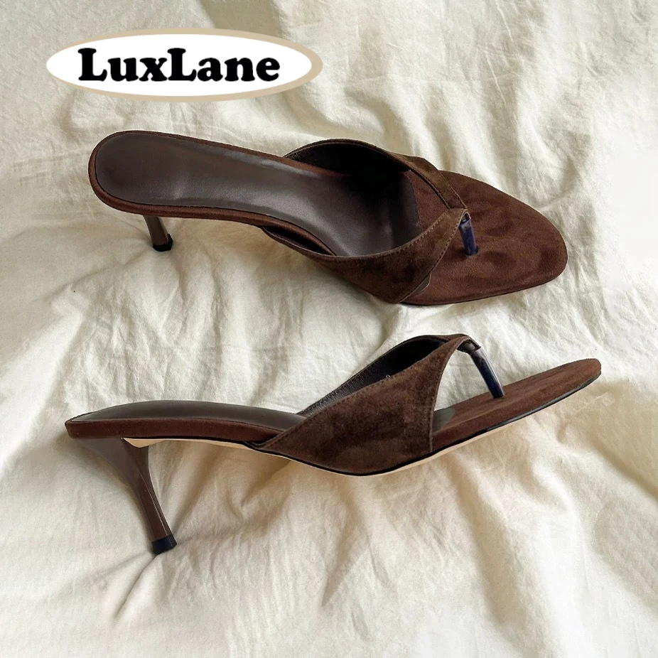 S.LuxLane Retro Flip-flops ทอง Stiletto รองเท้าแตะส้นรองเท้าผู้หญิงเซ็กซี่ 7 ซม.Elegant สีน้ําตาล Suede Party รองเท้าส้นสูง