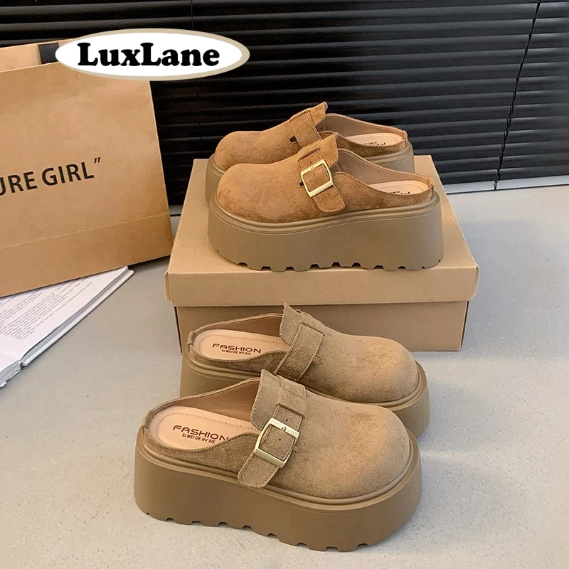 S.LuxLane Womens 7cm Platform Slip-On Mules – รองเท้าแตะส้นเตารีดหัวปิดพร้อม Chunky Sole สําหรับสวมใส่ทุกวัน (สีกากี/มารูน ไซส์ 35-40)