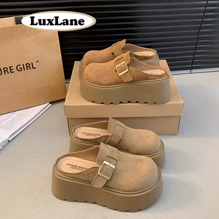 S.LuxLane Womens 7cm Platform Slip-On Mules – รองเท้าแตะส้นเตารีดหัวปิดพร้อม Chunky Sole สําหรับสวมใส่ทุกวัน (สีกากี/มารูน ไซส์ 35-40)