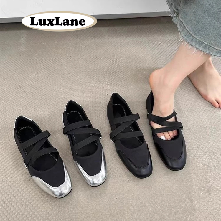 LuxLane แฟชั่นบัลเล่ต์รองเท้าผ้าใบสําหรับผู้หญิงสแควร์ Toe Slip บนสีดํา Mary Jane Flats Retro Comfort กีฬารองเท้า