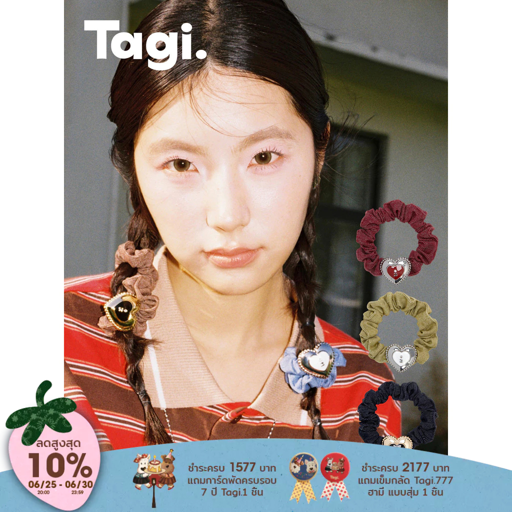 Tagi. Cream Love Scrunchies Diamond Vintage Denim Hairband Hair Rope ผ้ารัดผมลายหัวใจสีครีม