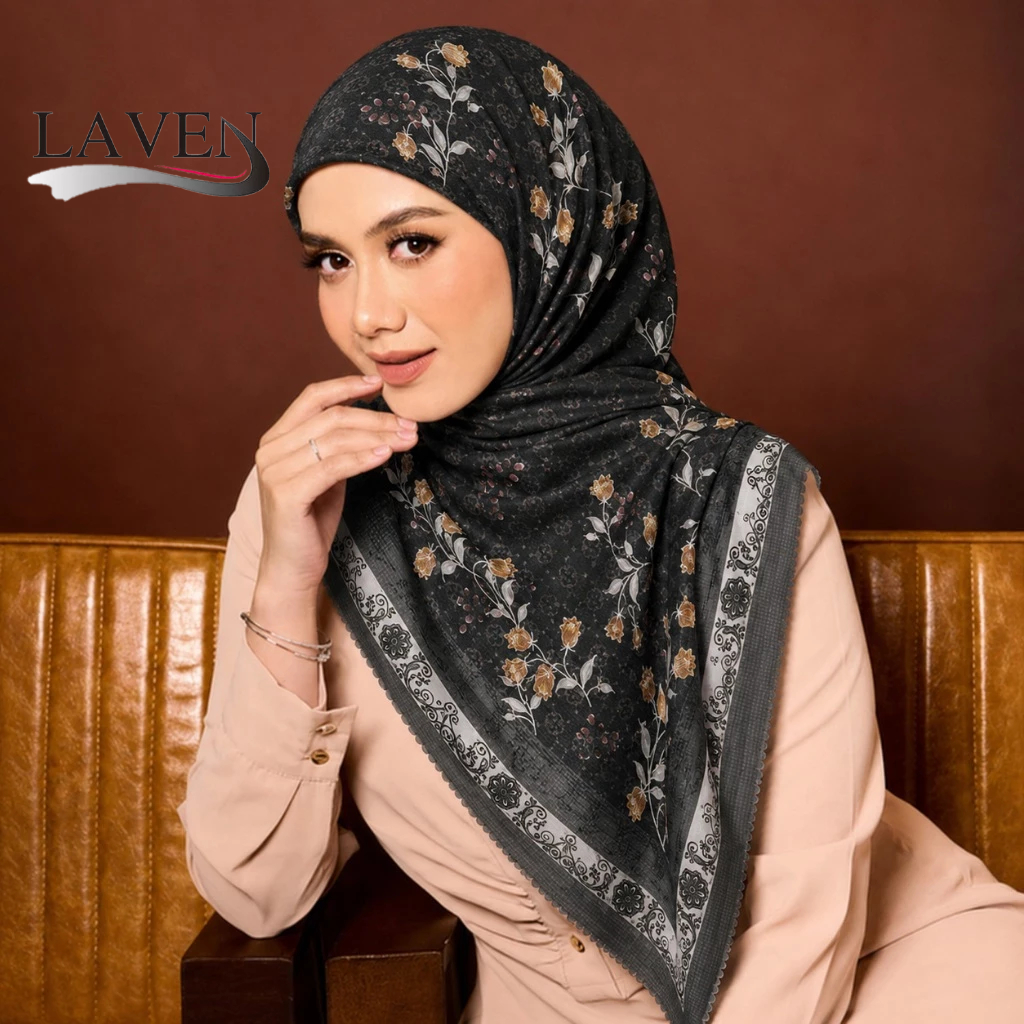 LAVEN พิมพ์ Hijab Bawal Voile ดอกไม้ผ้าพันคอสี่เหลี่ยมเหนียวมุสลิม Headscarf ผู้หญิง Tudung