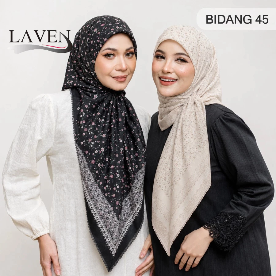 Laven 110*110 ซม.Premium Voile Bawal เลเซอร์ขอบดอกไม้พิมพ์ฮิญาบผ้าคลุมไหล่ผ้าพันคอสี่เหลี่ยมมุสลิม Tudung