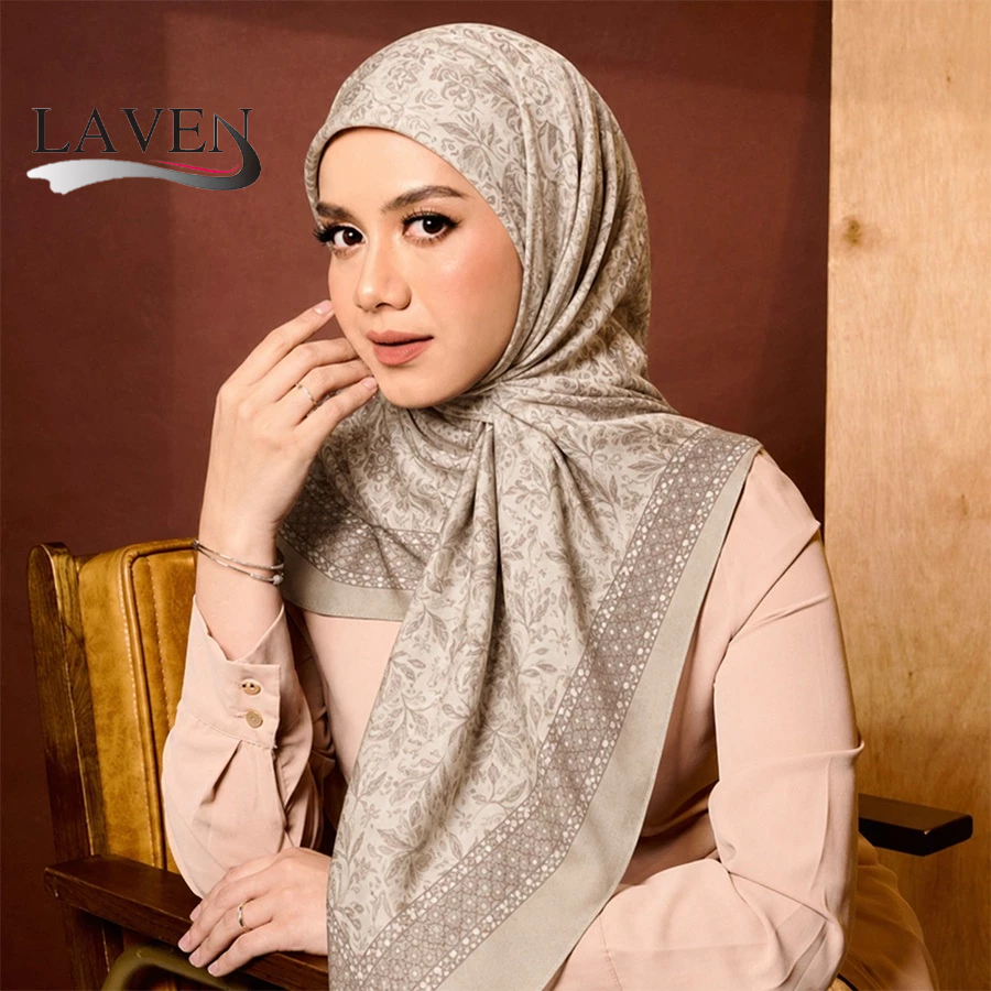 Laven 110*110 ซม.สแควร์ Voile Bawal ดอกไม้พิมพ์ Hijab ผ้าคลุมไหล่เหนียวผ้าพันคอมุสลิมสแควร์ Bawal