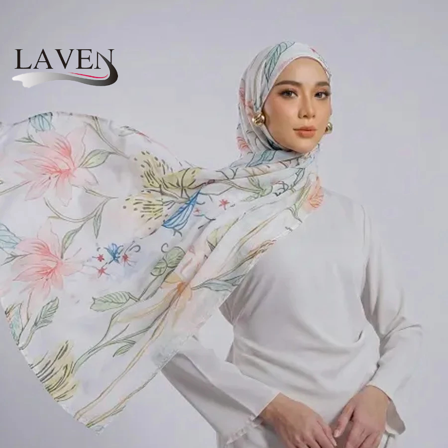 LAVEN ดอกไม้สีน้ําภาพวาด Headscarf ผ้าฝ้าย Voile ยาวผ้าคลุมไหล่ Hijab Soft Selensang มุสลิมผ้าพันคอผู้หญิง