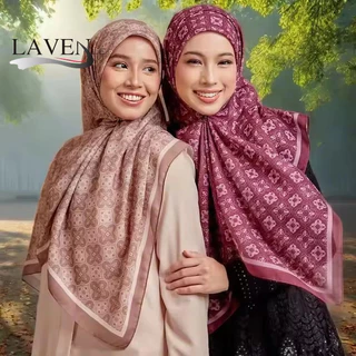 Laven 110*110 ซม.Premium Voile Bawal เลเซอร์ขอบดอกไม้พิมพ์ฮิญาบผ้าคลุมไหล่ผ้าพันคอสี่เหลี่ยมมุสลิม Tudung