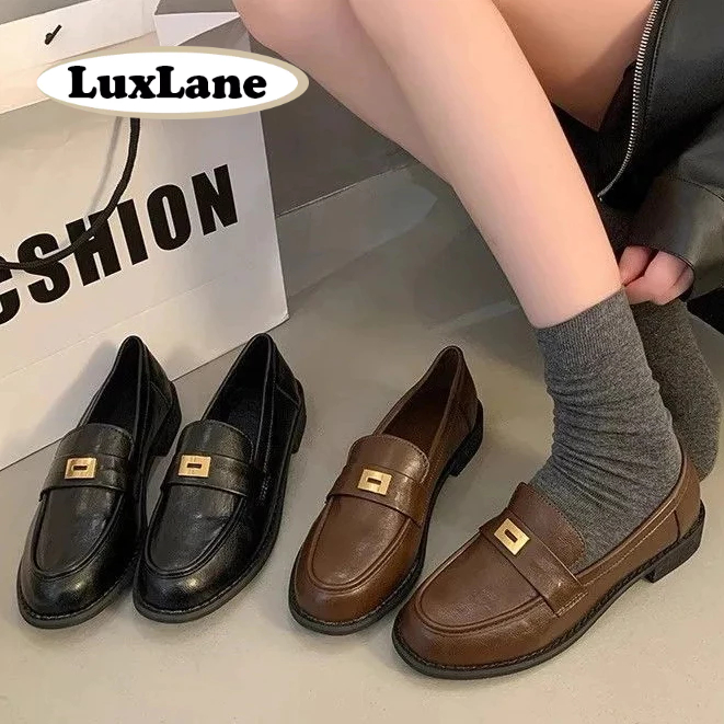 S.LuxLane หนังสีดําก้อนสําหรับผู้หญิง,รองเท้ารอบToe Back to Shool,Slip-Onรองเท้าหนังลําลองสําหรับสํานักงานและCommuteขนาด 35-40