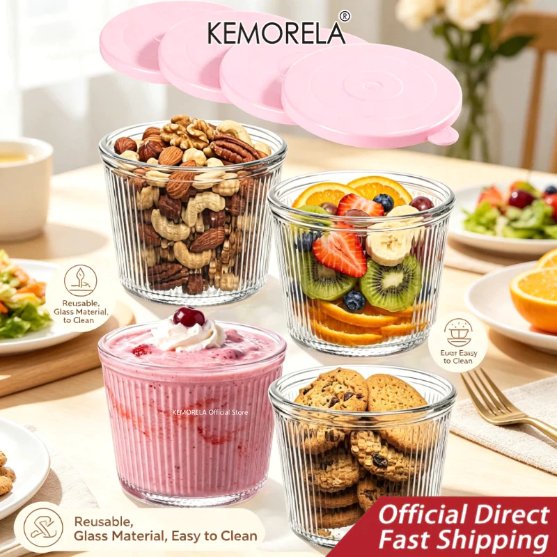 KEMORELA ชามแก้วขนาดเล็กพร้อมฝาปิด 6.8oz Ribbed แก้วใสคอนเทนเนอร์ Stackable ขนม Custard พุดดิ้งถ้วยเครื่องปรุงรสชามสําหรับซอส Dips ถั่วข้าวโอ๊ตขนมธัญพืช
