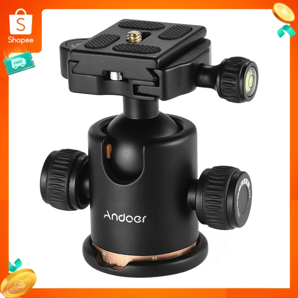 Andoer  หัวบอล BK-03 สำหรับขาตั้งกล้อง DSLR รับน้ำหนัก 8kg วัสดุอะลูมิเนียม หมุน 360° พร้อมระดับน้ำ แผ่นเร็ว Arca Swiss เกลียว 1/4" และ 3/8" มาให้ครบ